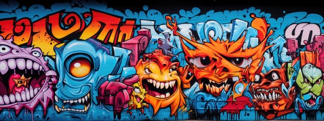 Colorful bright vibrant close up urban wall grafitti with toothy smiles of cute funny monsters art wallpaper background