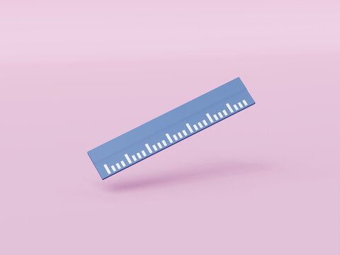 Blue length ruler icon on isolated pastel background. supplies for children create picture for math stationery, drawing, student, kid, architect design. 3d render illustration.