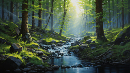 Fototapeta na wymiar A painting of a forest with a river running through