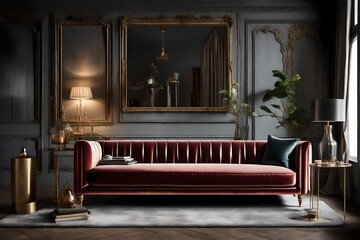 Highlight the opulence of a velvet sofa with soft, diffused lighting and sumptuous fabric. 