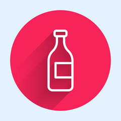 White line Bottle of wine icon isolated with long shadow background. Red circle button. Vector