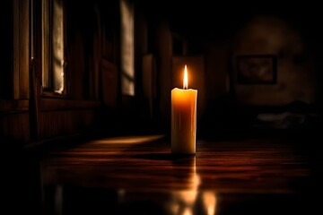 A solitary candle flickers in the dimly lit room. 