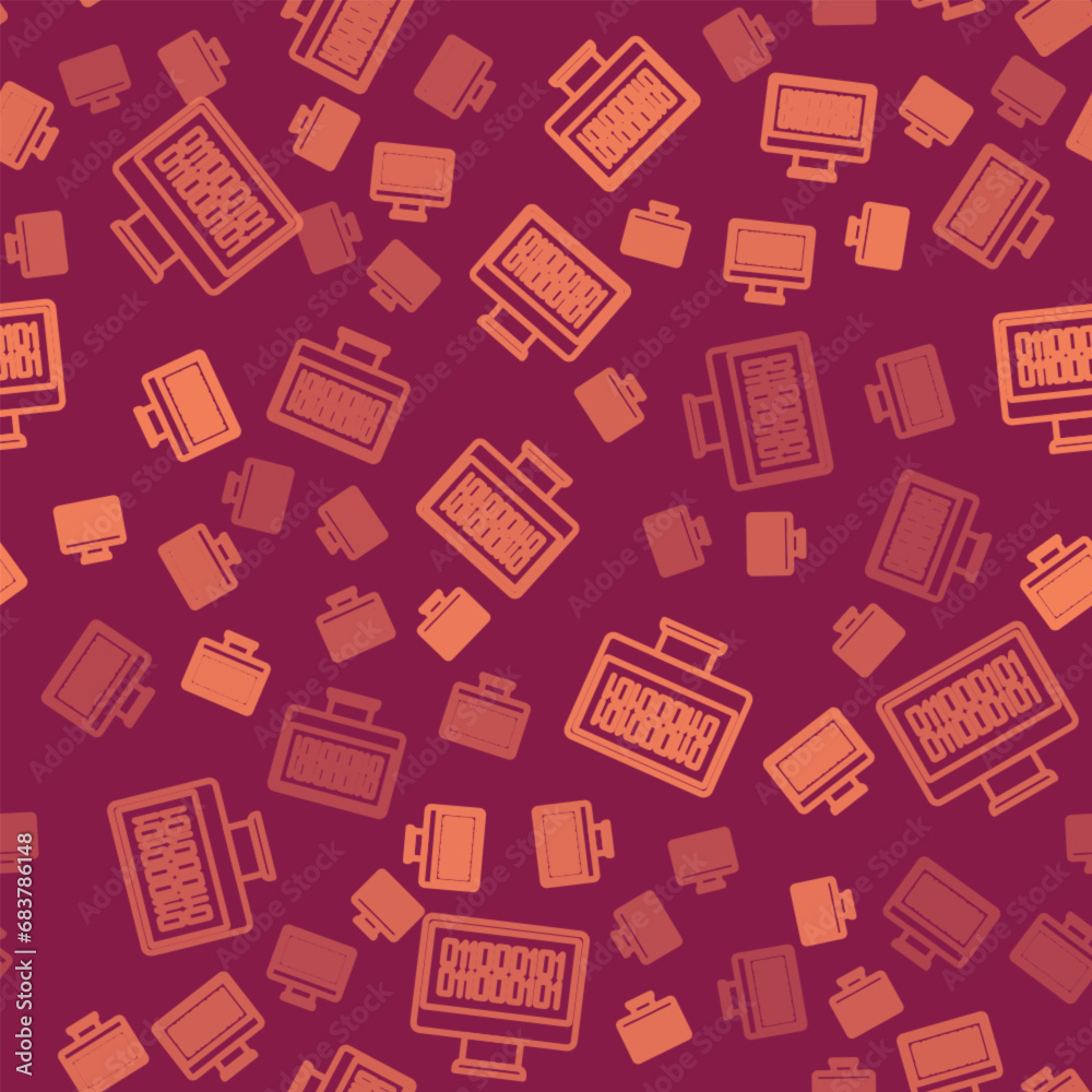 Poster brown line binary code icon isolated seamless pattern on red background. vector