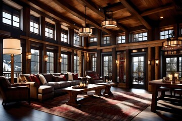 A ski lodge entryway with cozy plaid accents and mountain decor.  - obrazy, fototapety, plakaty