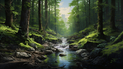 A painting of a forest with a river running through