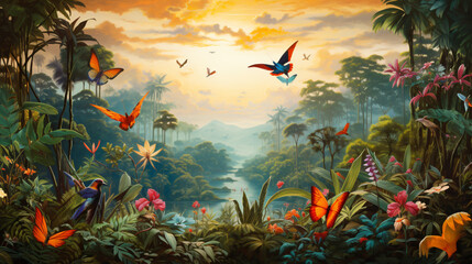 Obraz na płótnie Canvas A painting of a jungle with birds and butterflies