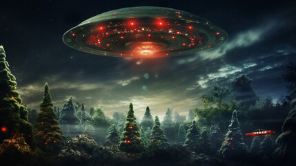 Spaceship and udo with a Christmas tree - obrazy, fototapety, plakaty