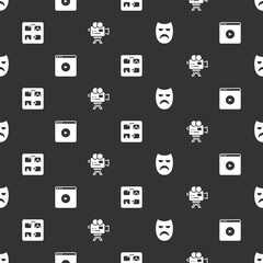 Set Drama theatrical mask, Online play video, Storyboard and Retro cinema camera on seamless pattern. Vector