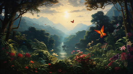 A painting of a jungle with birds and butterflies