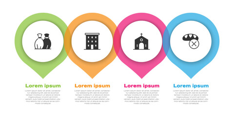 Set Garbage bag, Multi storey building, Church and Donation food. Business infographic template. Vector