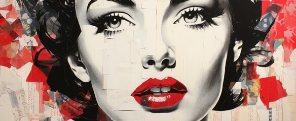 woman with bright red lips. abstract creative collage, pop art
