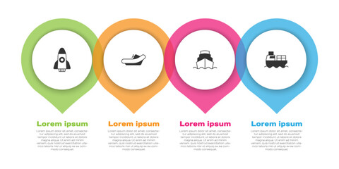 Set Rocket ship, Rafting boat, Cruise and Cargo with boxes delivery. Business infographic template. Vector