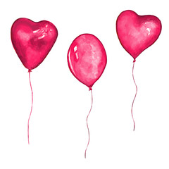 Set of heart shaped balloons. Watercolor illustration for valentine's day