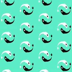 Pattern of black and white fish swimming side by side and green background. Yin Yang