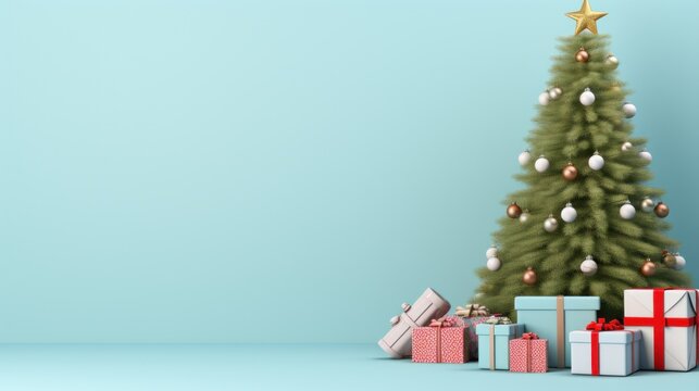 A Light Blue Background With A Tall And Skinny Christmas Tree And A Few Gift Boxes Underneath.