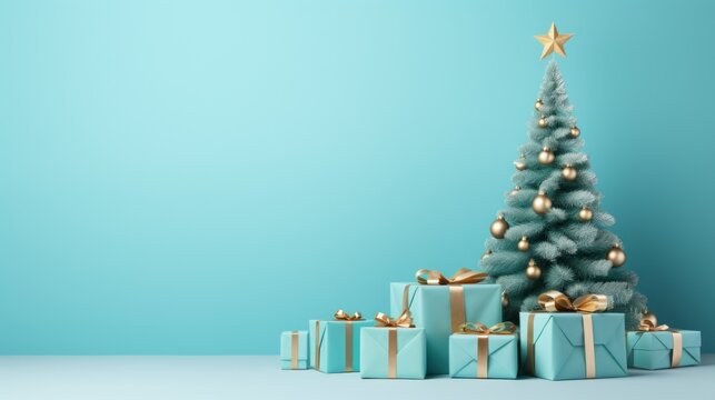 A Light Blue Background With A Tall And Skinny Christmas Tree And A Few Gift Boxes Underneath.