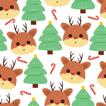 seamless pattern cartoon deer with Christmas tree and Christmas element. Cute Christmas wallpaper for card, gift wrap paper