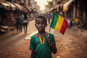 Malian boy holding Mali flag in Bamako street