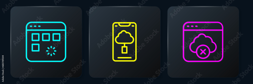 Poster set line loading data window, failed access cloud storage and cloud technology transfer. black squar