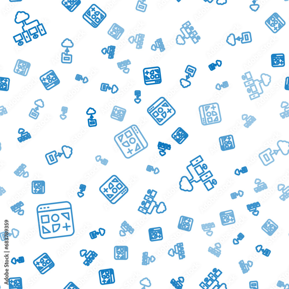 Poster set line different files, computer network and cloud technology data transfer on seamless pattern. v