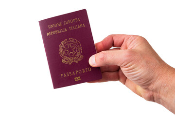 view of the hand holding out the Italian passport. isolated white background