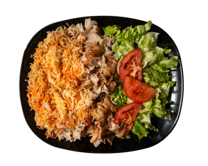 top view plate with rice, kebab and salad. isolated white background