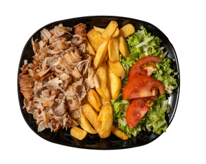top view plate with kebab chips and salad. isolated white background