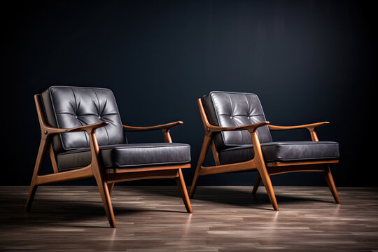 two wood leather chairs on dark background 