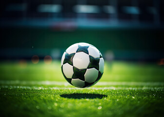 Flying Soccer football on the grass ground in the sport stadium