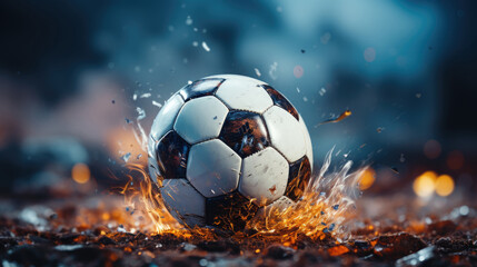 Fototapeta premium Flying Soccer football splash of mud and water on the grass ground