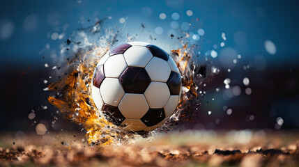 Naklejka premium Flying Soccer football splash of mud and fire on the ground