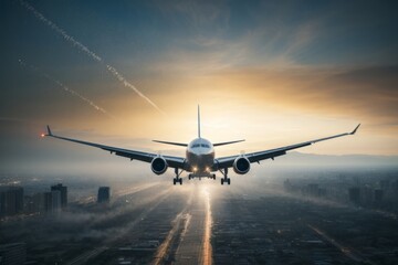 Fototapeta premium Taking off or landing an airplane over the runway