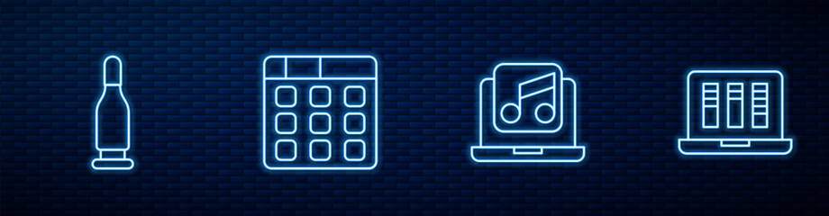 Set line Laptop with music, Bullet, Drum machine and Sound or audio recorder. Glowing neon icon on brick wall. Vector