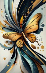 Image of a large contemporary-style abstract painting of a butterfly with a dominant color palette of black and gold. Generative AI