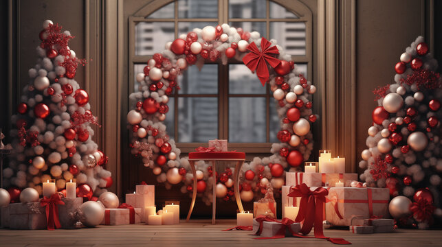 Design a set of festive Christmas decorations, including ornaments, garlands, and wreaths.
