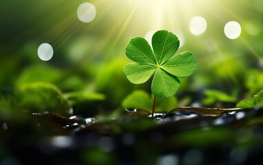 St Patricks Day Blurred Background. Photorealistic big five leaf clover in the center, close up,...
