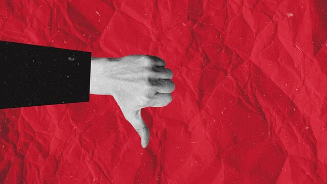 Magazine collage animation motion design hand show thumb down bad quality sign empty space isolated on red backdrop grunge paper texture