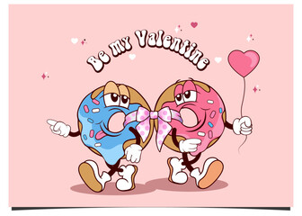 valentines day card with cartoon cute couple donuts, card with retro donuts character	
