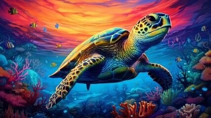 Sea turtle swimming in the blue sea with coral reef background.