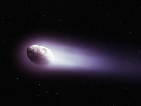 Halley's Comet isolated in space. The nucleus and tail of a large comet on a black background. Astronomical image.