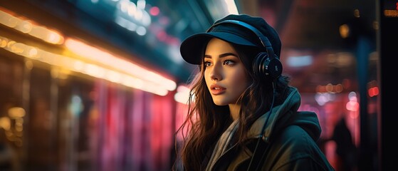 Young woman listening to music on headphones in vibrant city street at night. Urban lifestyle.