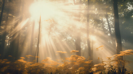 A forest full of mystery, with towering trees and the sun shining through the leaves