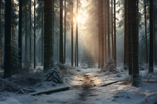 Forest winter landscape hyper realistic photo