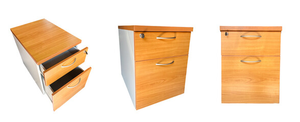 wooden box shelf wooden cabinet that opens and closes isolated on a white background