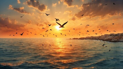 birds flying in the sunset - obrazy, fototapety, plakaty