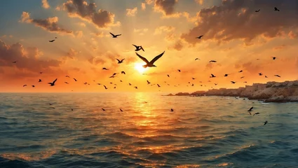 Schilderijen op glas birds flying in the sunset © Umer