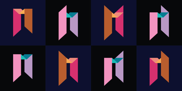 Collection of M letter logo in a style of folding paper or folded ribbon.