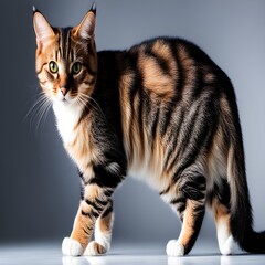 Calico cat shining on a grey background catches the eye with its dignified appearance
