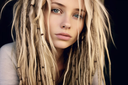 Portrait of young beautiful Caucasian woman with long blond dreadlocks