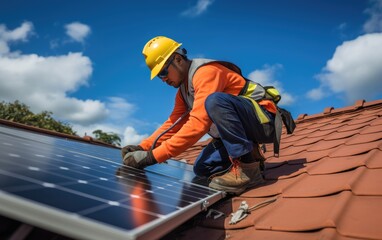 Construction worker installs solar panels on the roof of a house